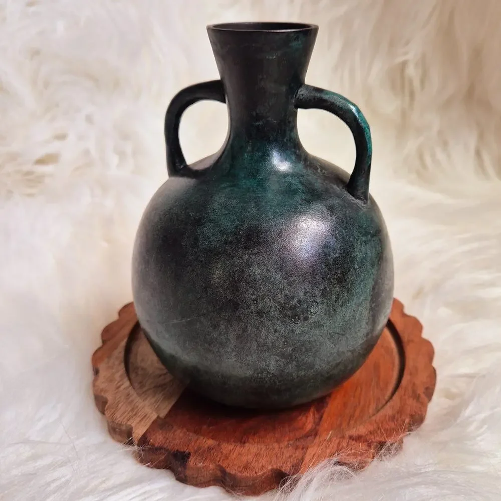 Antique Japanese Meiji Bronze Twin Handle Vase Green Patina
